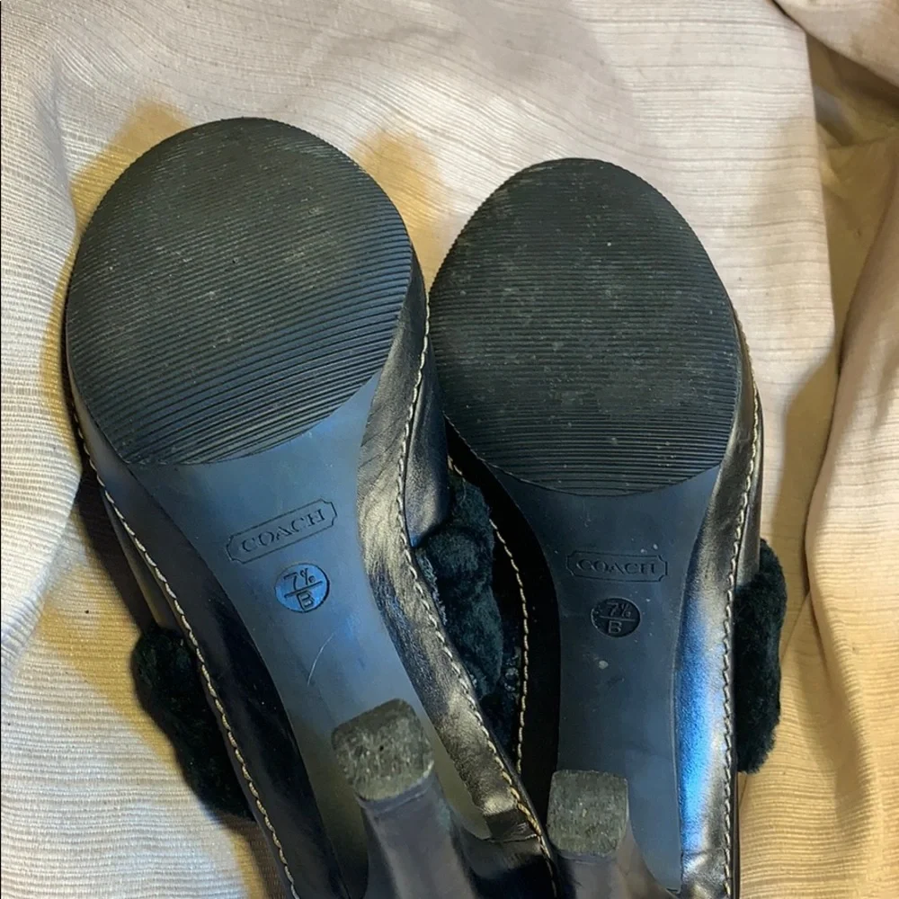 Coach leather furry heeled mules super comfortable
